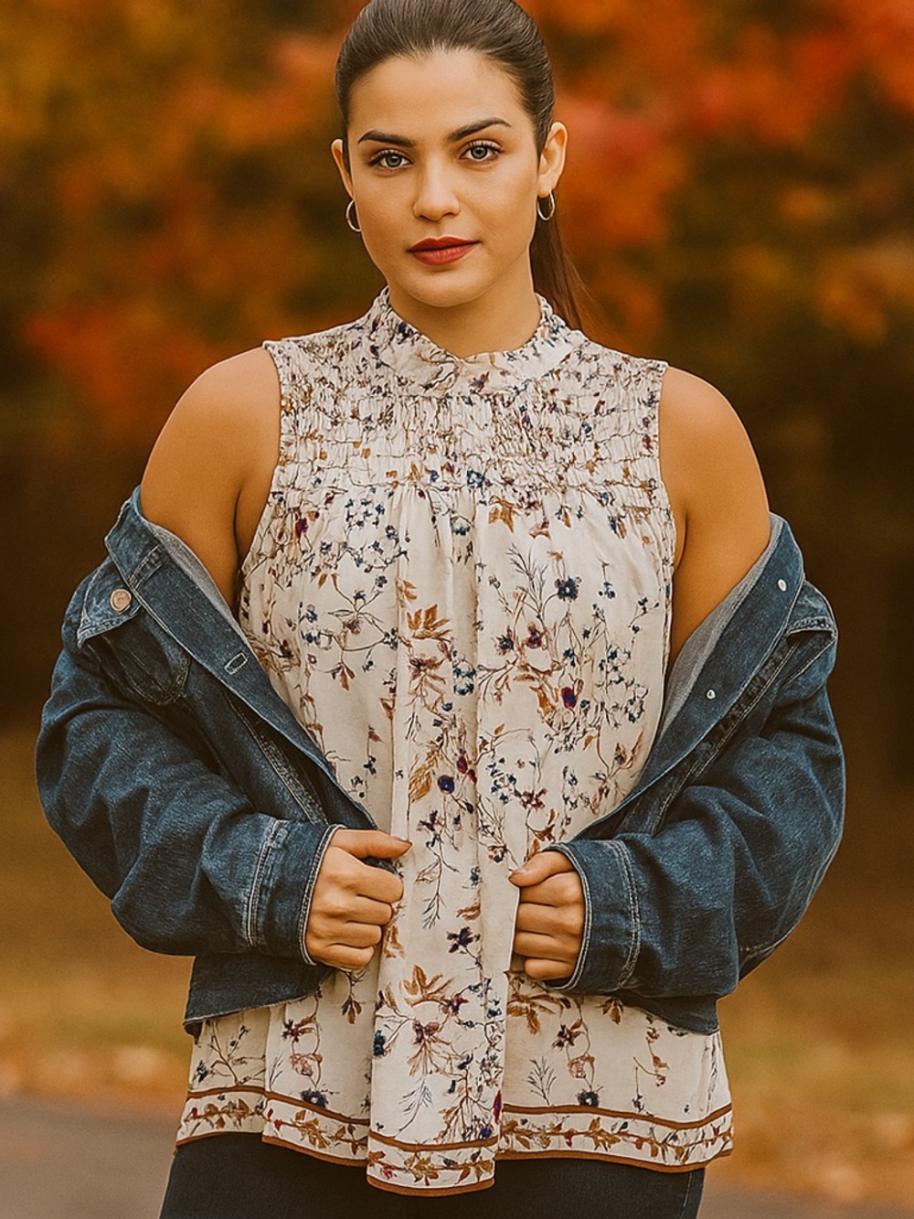 MAX STUDIO Cream Floral Smocked Blouse